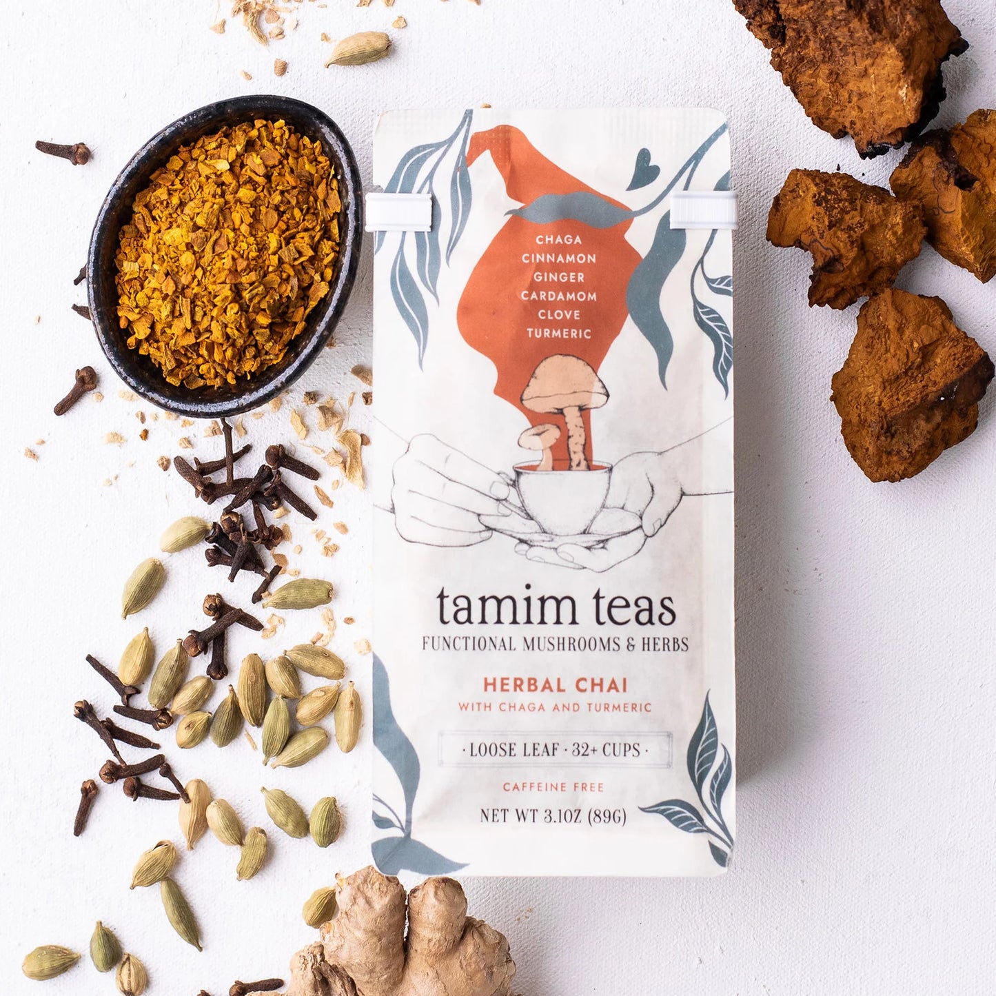 Tamim Teas – Chaga Chai Mushroom Tea (Caffeine-Free) – Chaga + Turmeric + Chai Spices – 79g – 32 Servings